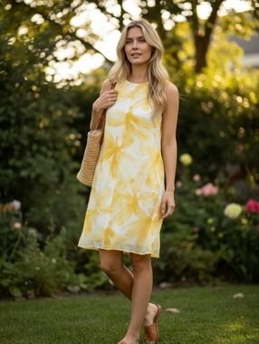 Dkny Yellow and White Sleeveless Shift Dress